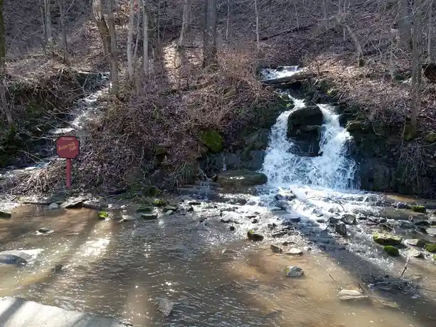 A natural waterfall cascades over mossy rocks in a wooded area, with a red sign reading 'Historic Buttermilk Falls' visible…