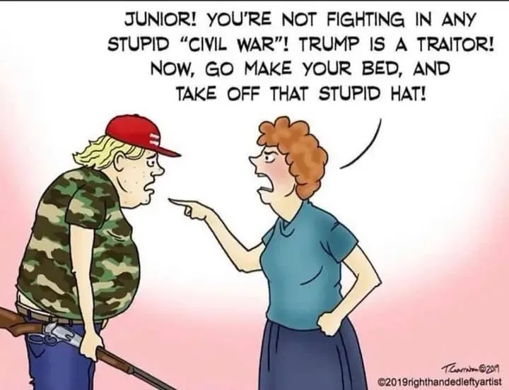 A cartoon depicts a woman with curly red hair, wearing a blue shirt and dark skirt, angrily pointing at a young man in a…