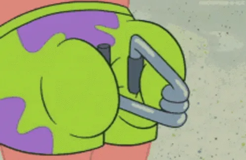 A six-panel image sequence shows a green, purple-spotted cartoon character with a metal handlebar attached to its back…