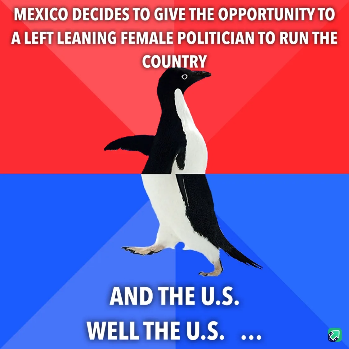 A penguin stands centered against a split background of red on top and blue on bottom. White text at the top reads 'MEXICO…