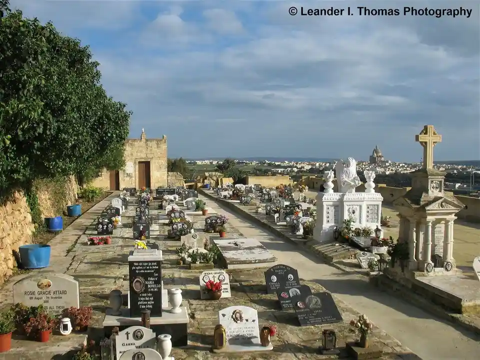 A wide-angle photograph of a sunlit cemetery with rows of gravestones, some adorned with flowers and photos, under a partly…