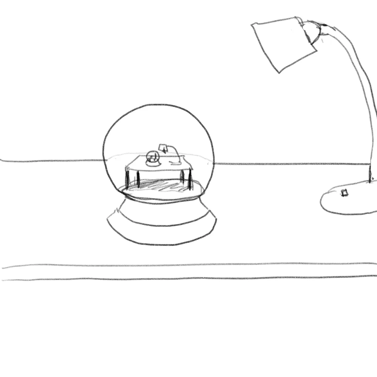 A simple black-and-white sketch shows a snow globe sitting on a desk, with a small desk lamp positioned to its right. Inside…