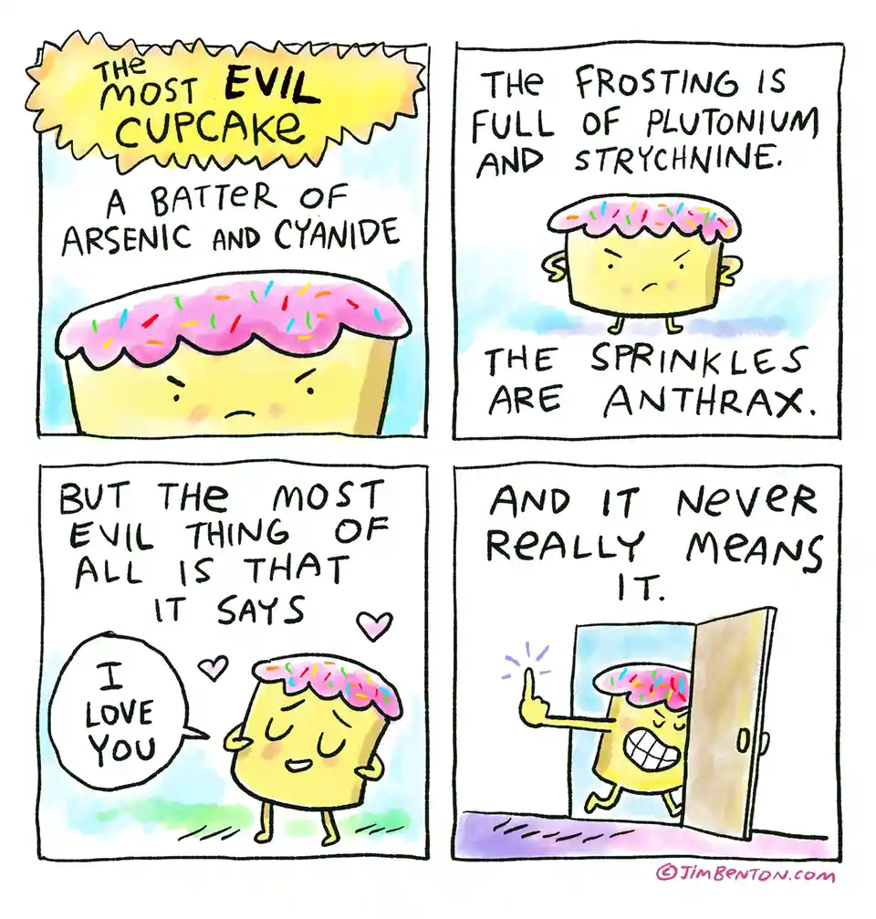 A four-panel comic strip featuring an anthropomorphic cupcake with a pink frosting and colorful sprinkles. The cupcake is…