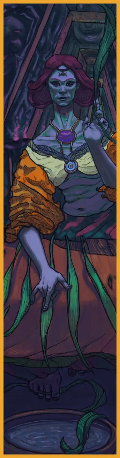 A stylized illustration of a green-skinned, purple-haired woman with a crescent moon symbol on her forehead, wearing ornate…