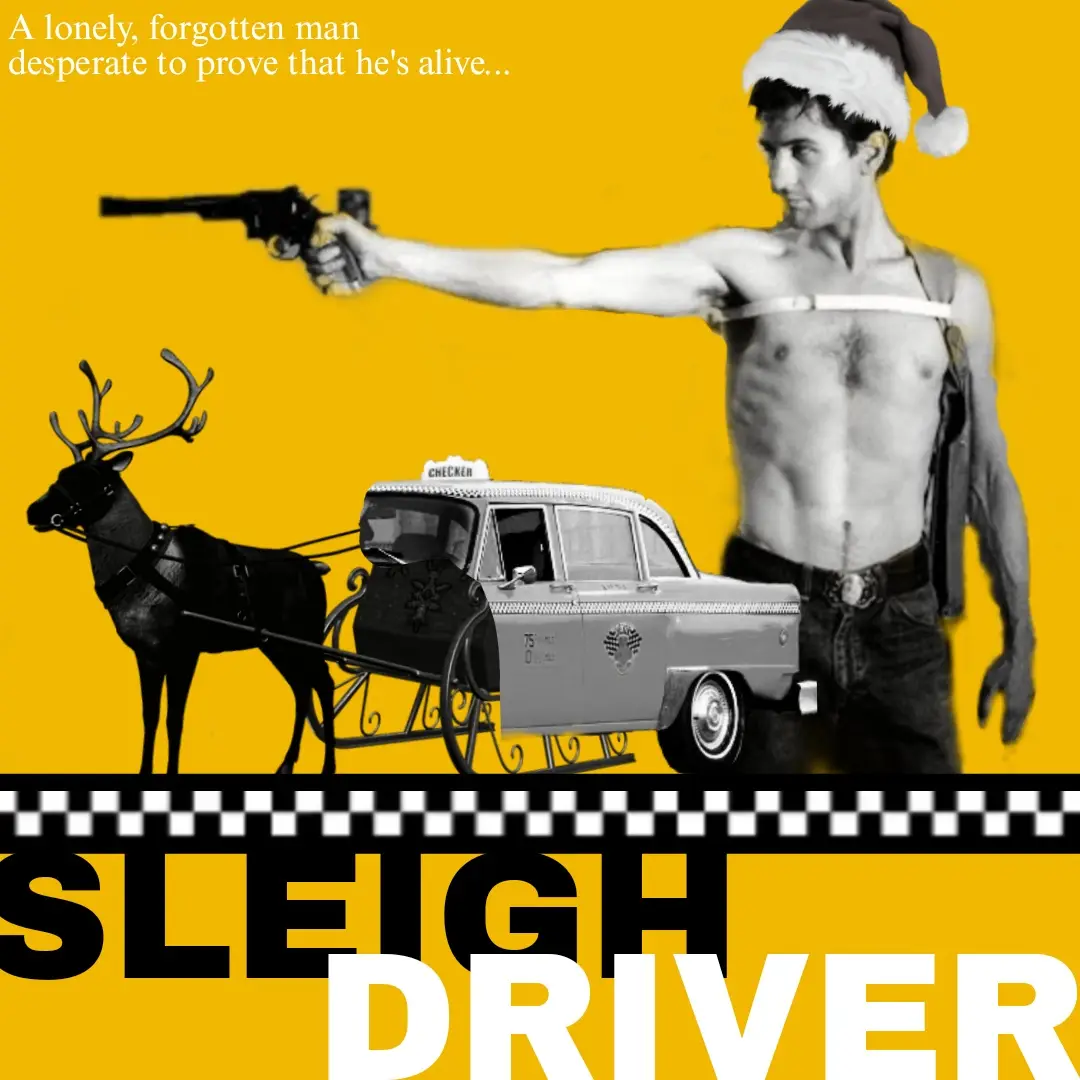 A black-and-white image shows a shirtless man wearing a Santa hat, holding a revolver, standing next to a reindeer pulling a…