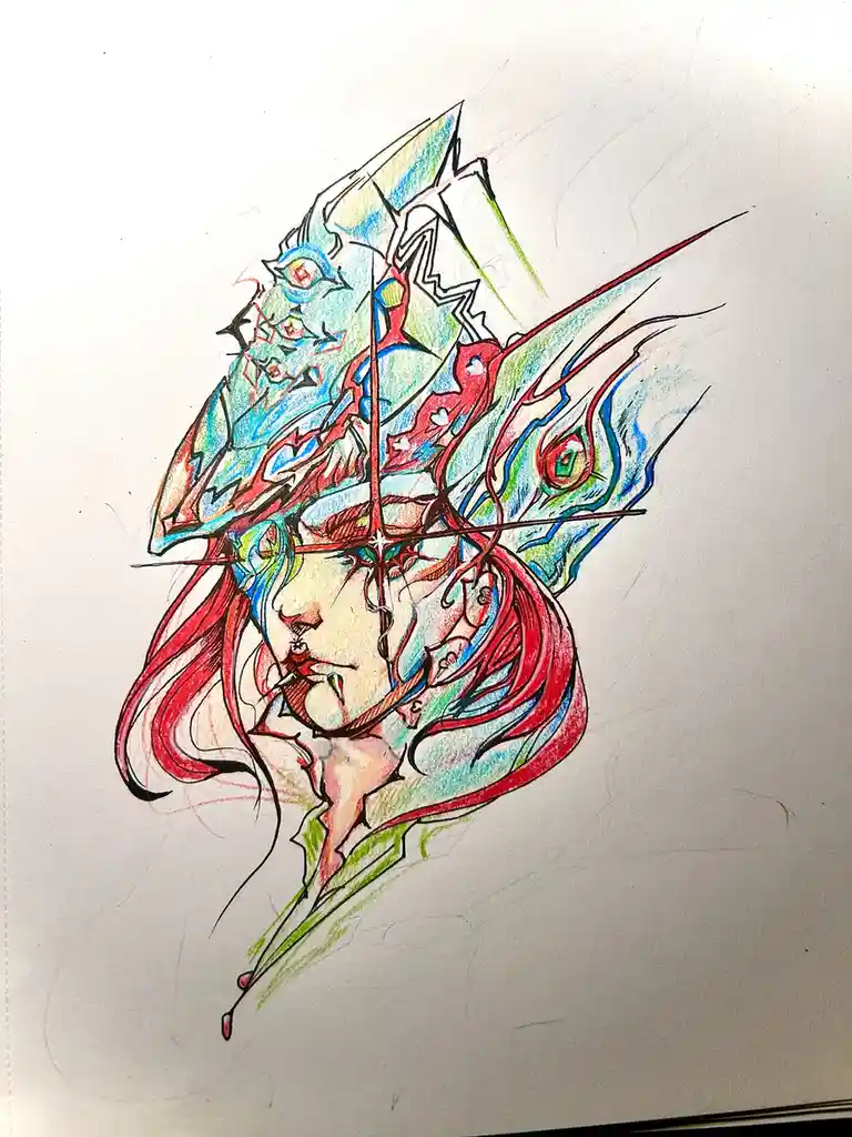 A colorful, stylized drawing on paper shows a human-like figure with long red hair, whose head is fractured and replaced by…