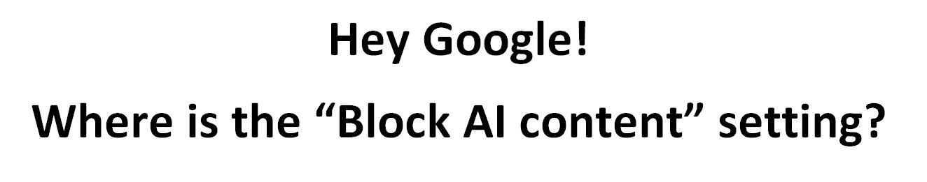 A plain white background with bold black text that reads 'Hey Google!' on the top line and 'Where is the “Block AI content”…