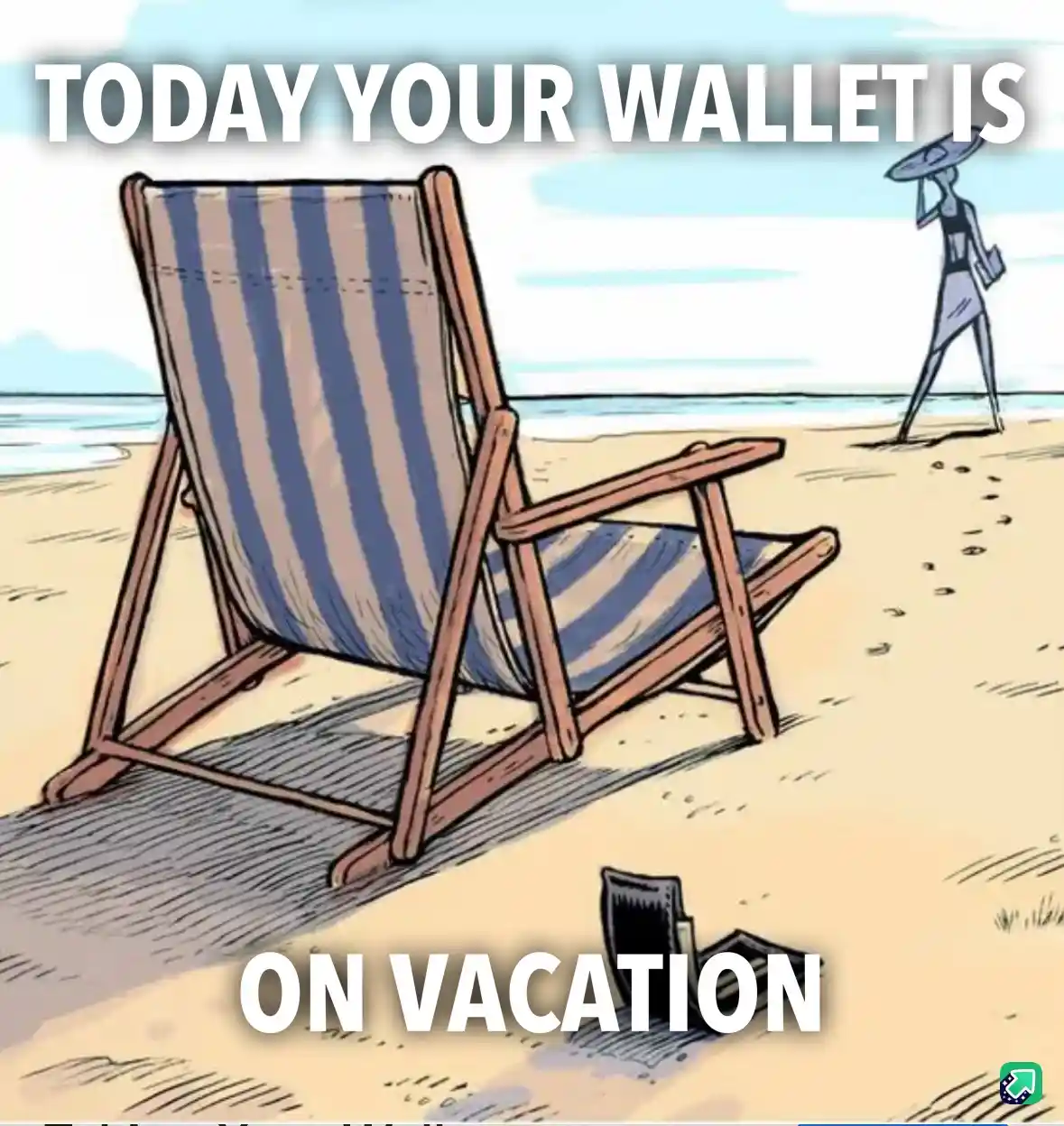 A cartoon beach scene shows an empty beach chair in the foreground with a small wallet lying on the sand nearby. In the…