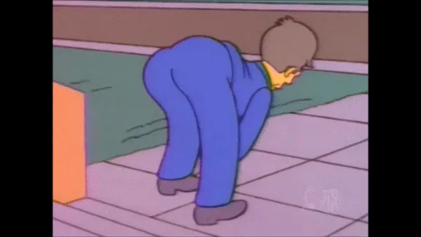 The image shows six identical frames of a cartoon character, a young boy in a blue outfit, bent over and looking down at the…