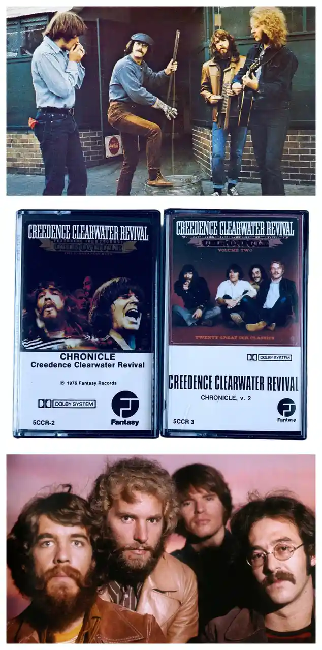 The image is a collage of three photos of the band Creedence Clearwater Revival. The top photo shows them outdoors, one…
