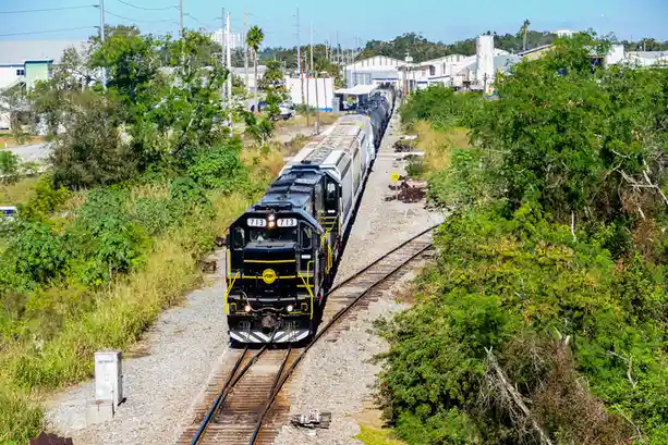 A black freight train with the number 713 prominently displayed on its front is traveling on a railway track through a…