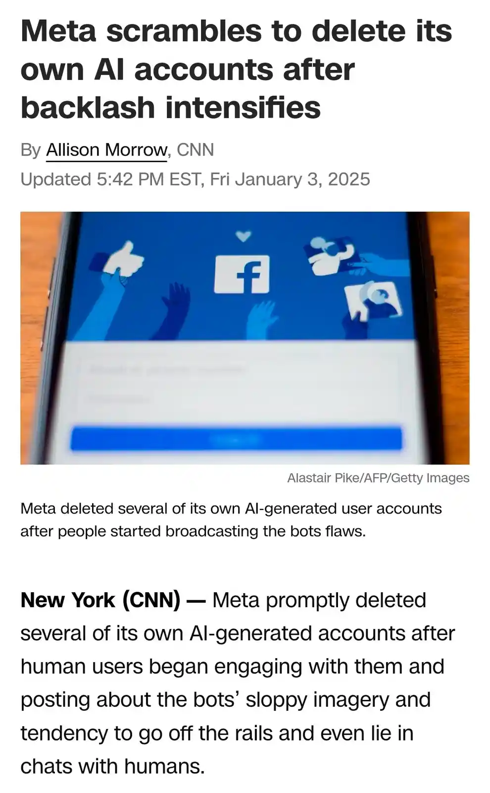 A screenshot of a CNN news article dated January 3, 2025, with the headline 'Meta scrambles to delete its own AI accounts…