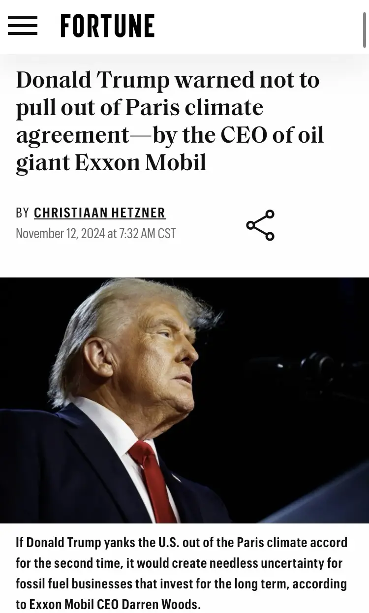 A screenshot of a Fortune article headline shows Donald Trump in profile, wearing a dark suit and red tie, looking toward a…