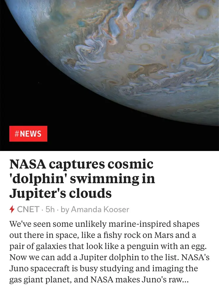 The image shows a close-up of Jupiter's swirling clouds with a red '#NEWS' banner in the top left. Below is a news article…