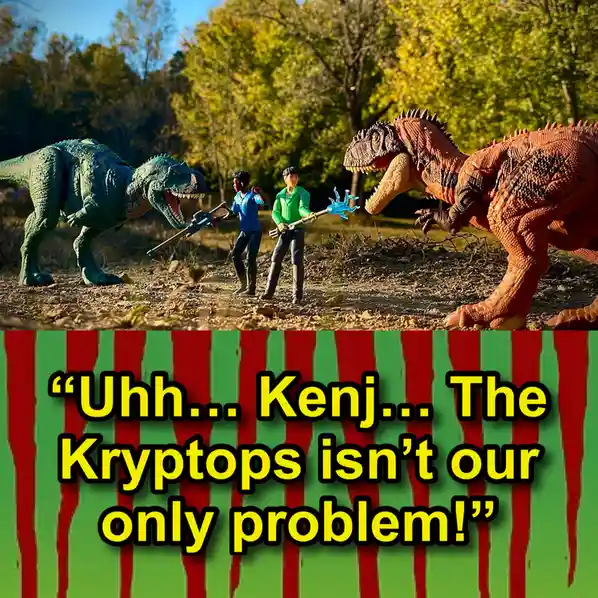 Two action figures stand between two large dinosaur toys in a wooded outdoor setting, each holding a weapon. The figure on…