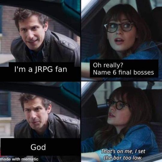 A four-panel meme featuring a man and a woman in a car. The man says 'I'm a JRPG fan,' the woman challenges him to 'Name 6…