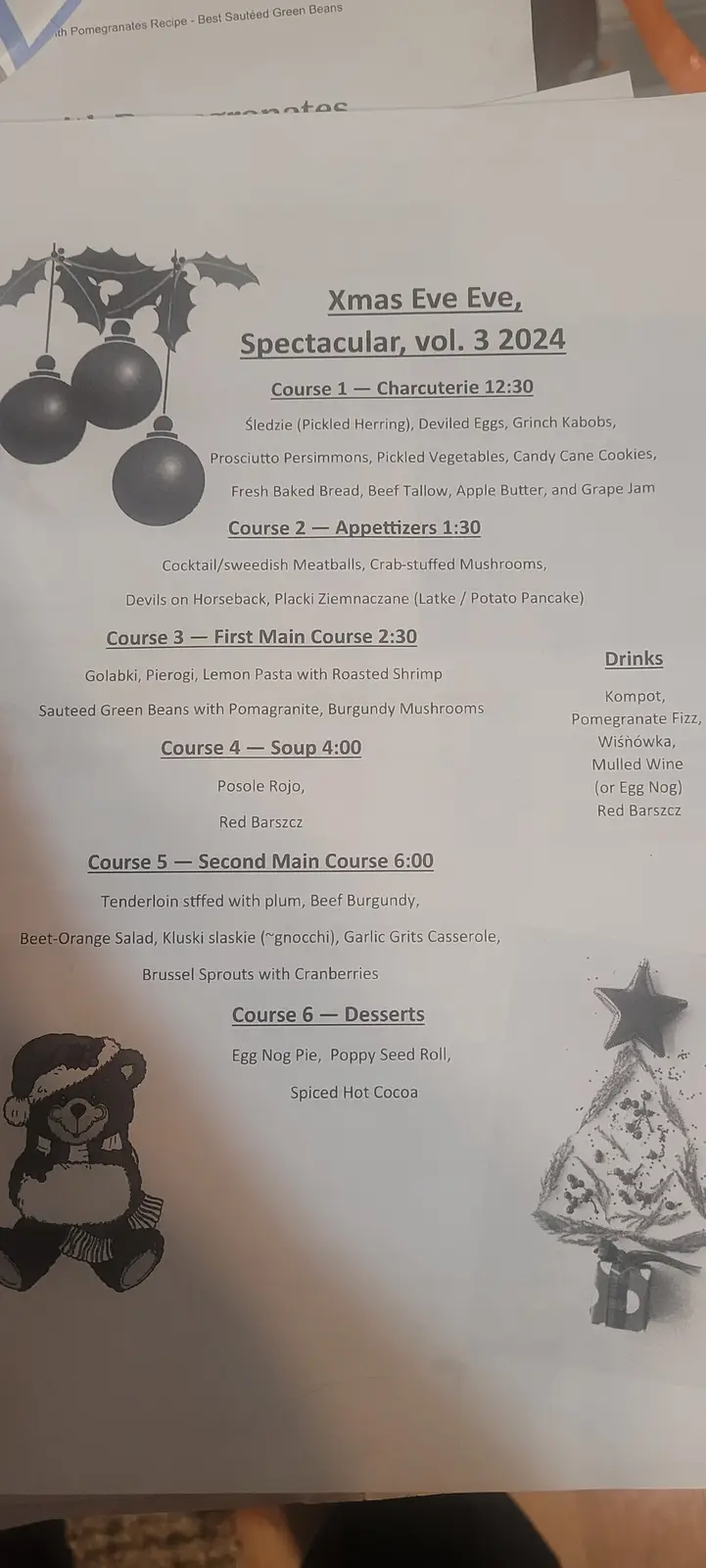 A printed menu titled 'Xmas Eve Eve, Spectacular, vol. 3 2024' lists a six-course Christmas dinner with times, including…