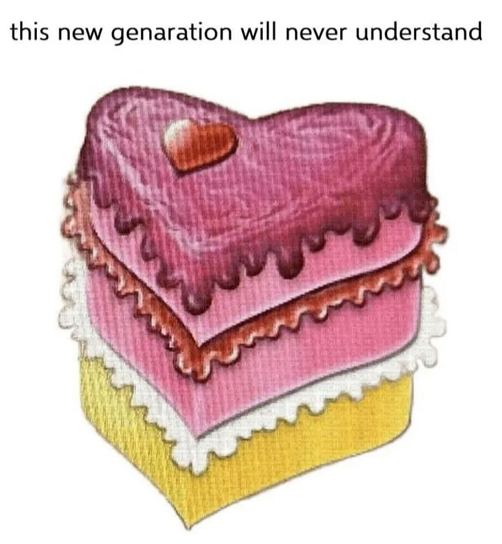 A hand-drawn illustration of a three-layered heart-shaped cake with pink frosting, a small heart on top, and white and…
