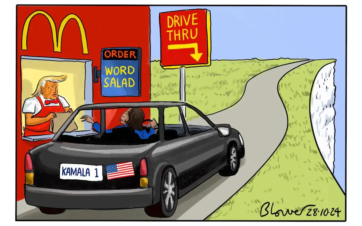 A cartoon depicts a car at a McDonald's drive-thru window, where the employee is Donald Trump and the customer is Kamala…
