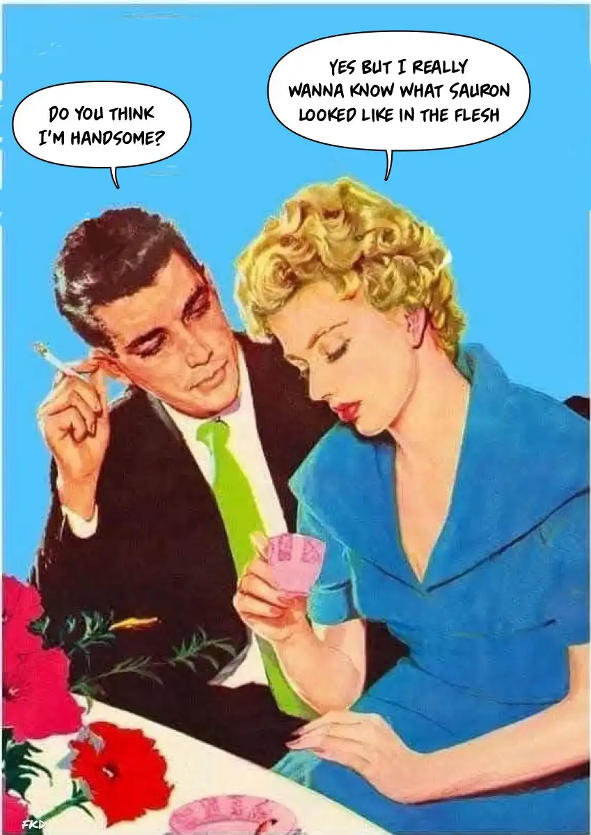 A vintage-style illustration depicts a man in a suit holding a cigarette and asking a woman, 'Do you think I'm handsome?'…