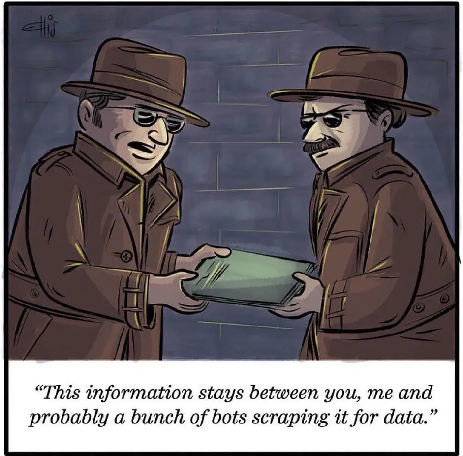 Two cartoon men in brown trench coats and fedoras exchange a green folder in a dimly lit alley. The man on the left smiles…