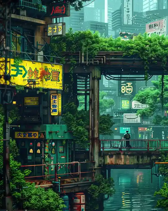 A rain-soaked, cyberpunk-style cityscape with neon signs in Japanese, overgrown with lush green vines and trees, featuring a…