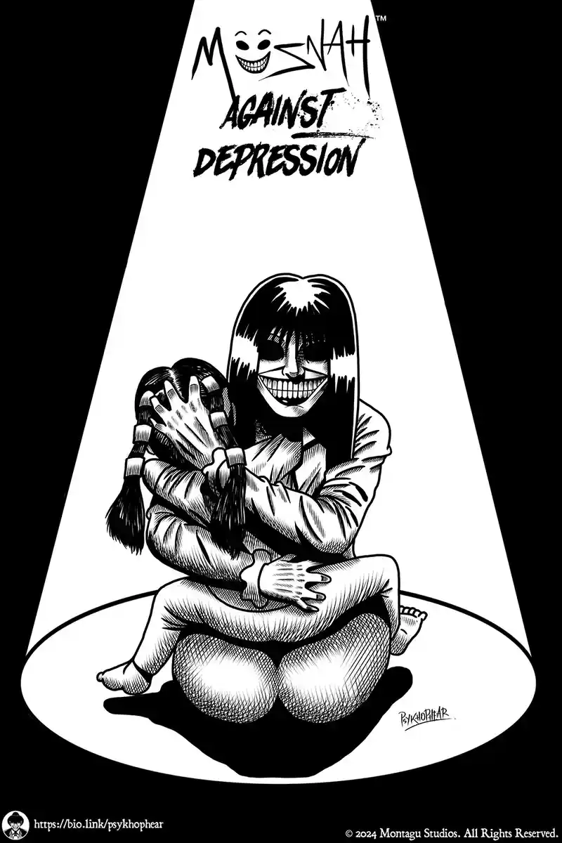 A black-and-white illustration shows a cartoonish, smiling girl with long hair sitting cross-legged in a spotlight, hugging…