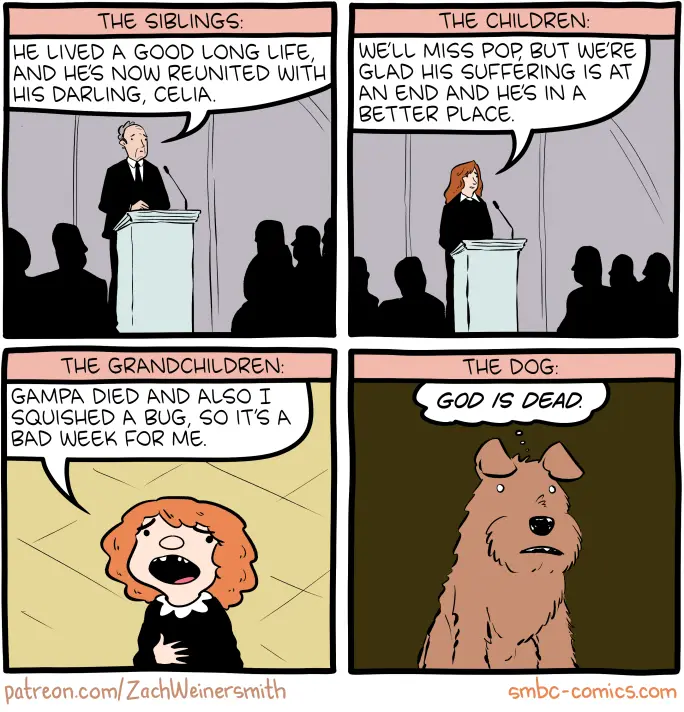 A four-panel comic strip shows family members giving increasingly absurd eulogies at a funeral. The siblings praise the…