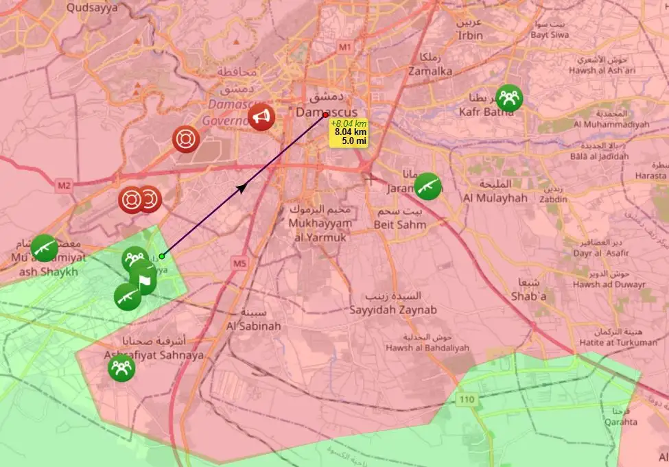 A map of Damascus, Syria, shows a purple line with an arrow pointing from a red icon labeled '8.04 km 8.04 km 5.0 mi' toward…