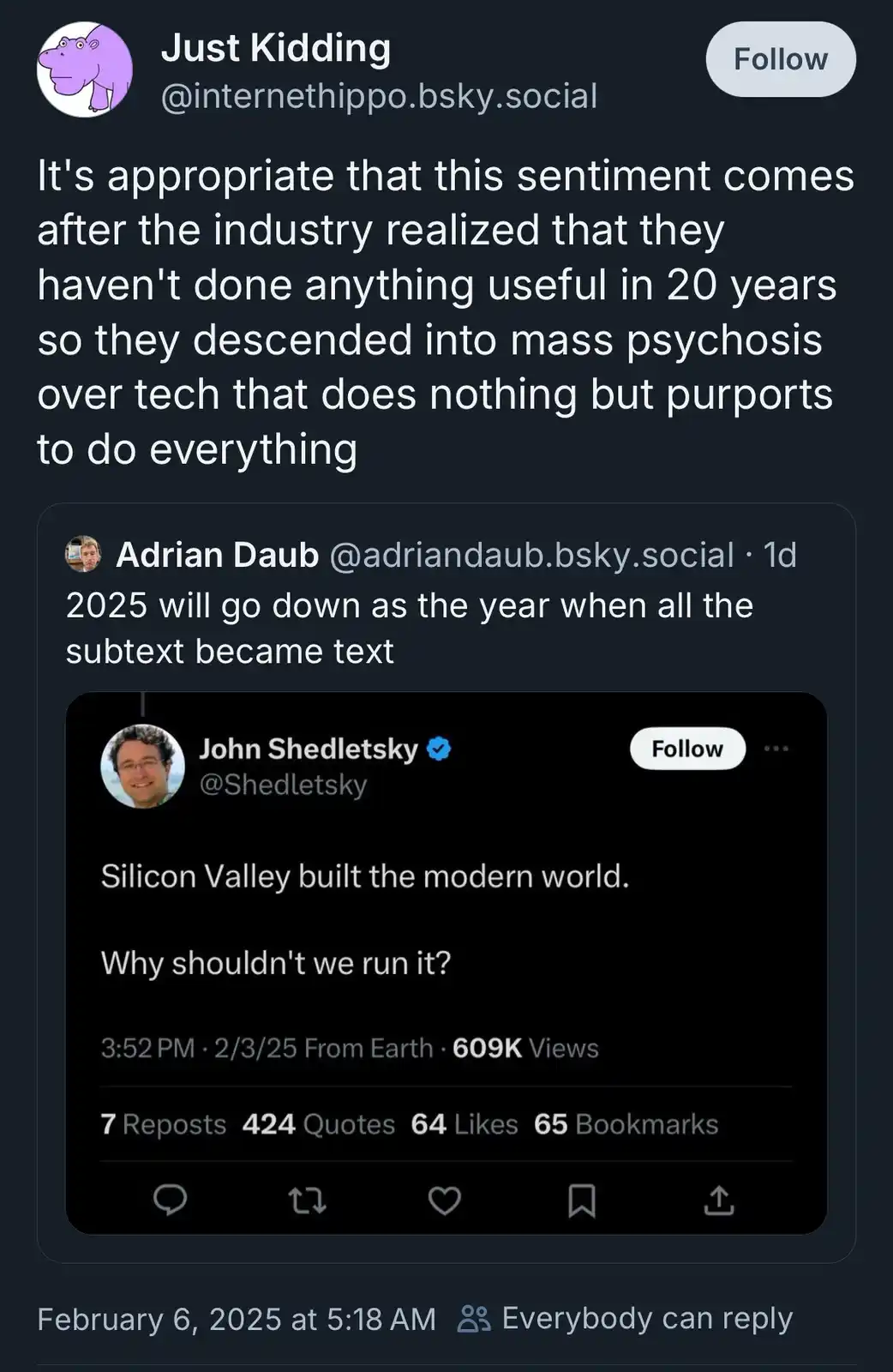 A screenshot of a social media thread shows a reply to a tweet by John Shedletsky that reads 'Silicon Valley built the…