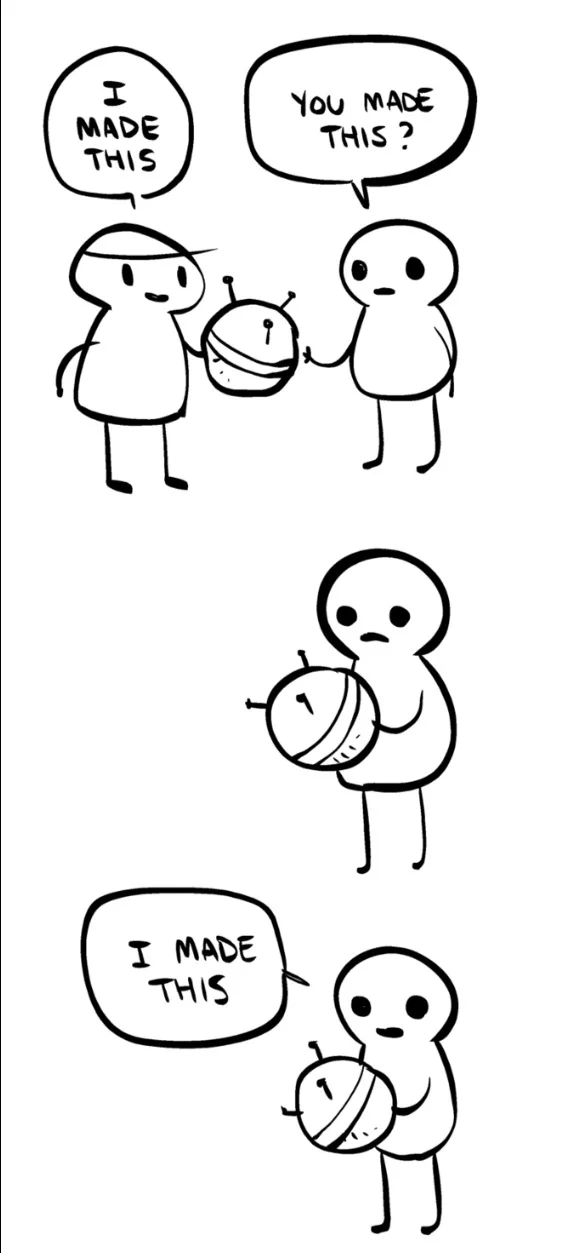 A three-panel black-and-white comic strip featuring two stick-figure characters. In the first panel, one character proudly…