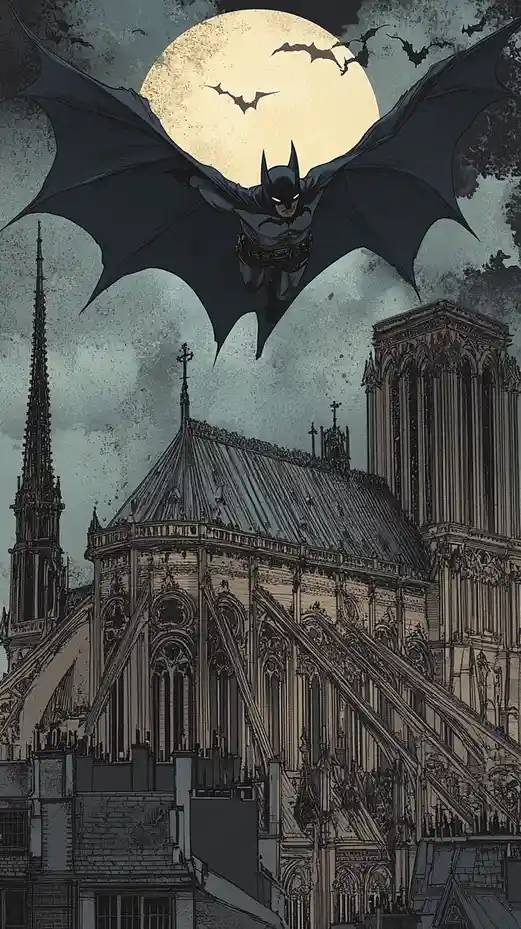 Batman is depicted flying with his cape spread wide over the Notre Dame Cathedral at night, with bats flying around a large…