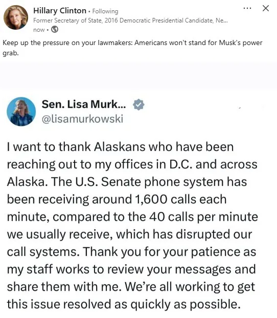A screenshot of a Twitter thread shows Hillary Clinton's tweet urging pressure on lawmakers regarding Musk's power grab…