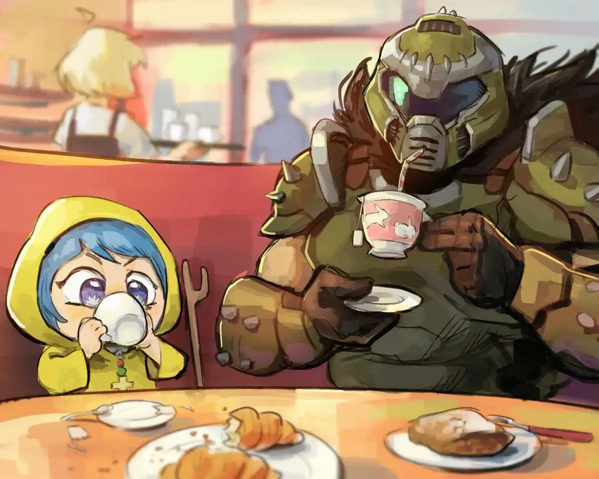 A chibi-style blue-haired girl in a yellow hood sips from a teacup while sitting across from a large, armored…