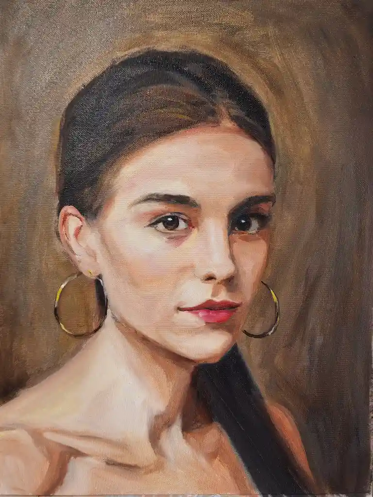 An oil painting of a woman with dark hair pulled back, wearing large hoop earrings and red lipstick, looking directly at the…