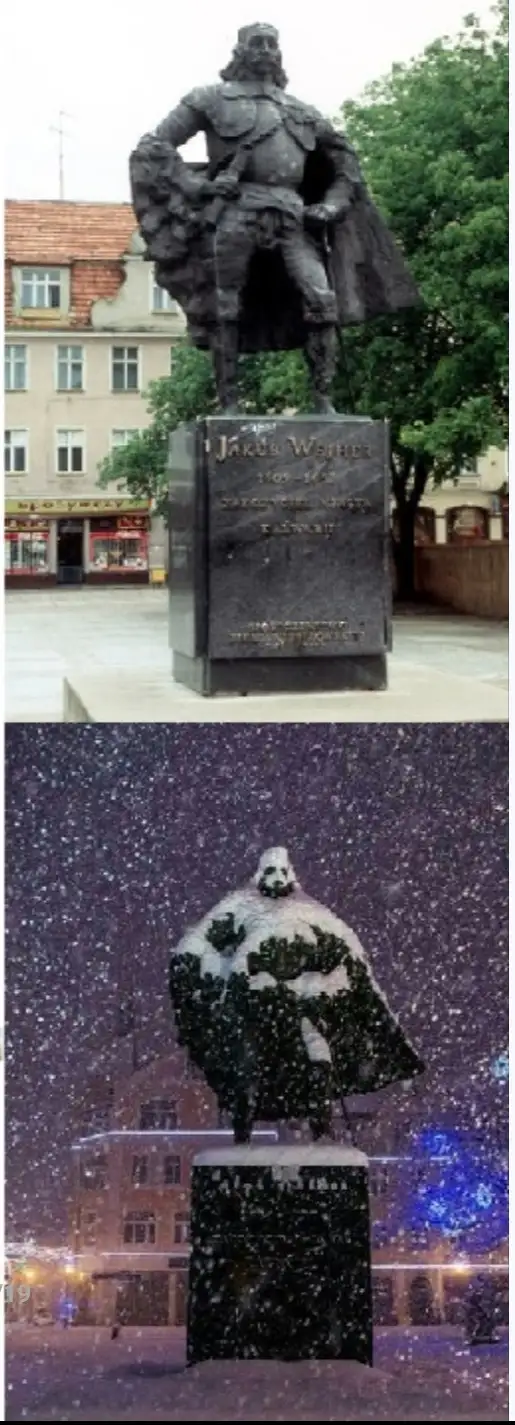 The image is a two-panel meme. The top panel shows a real-life statue of Jakub Wohler (1469-1487) in a town square, with…