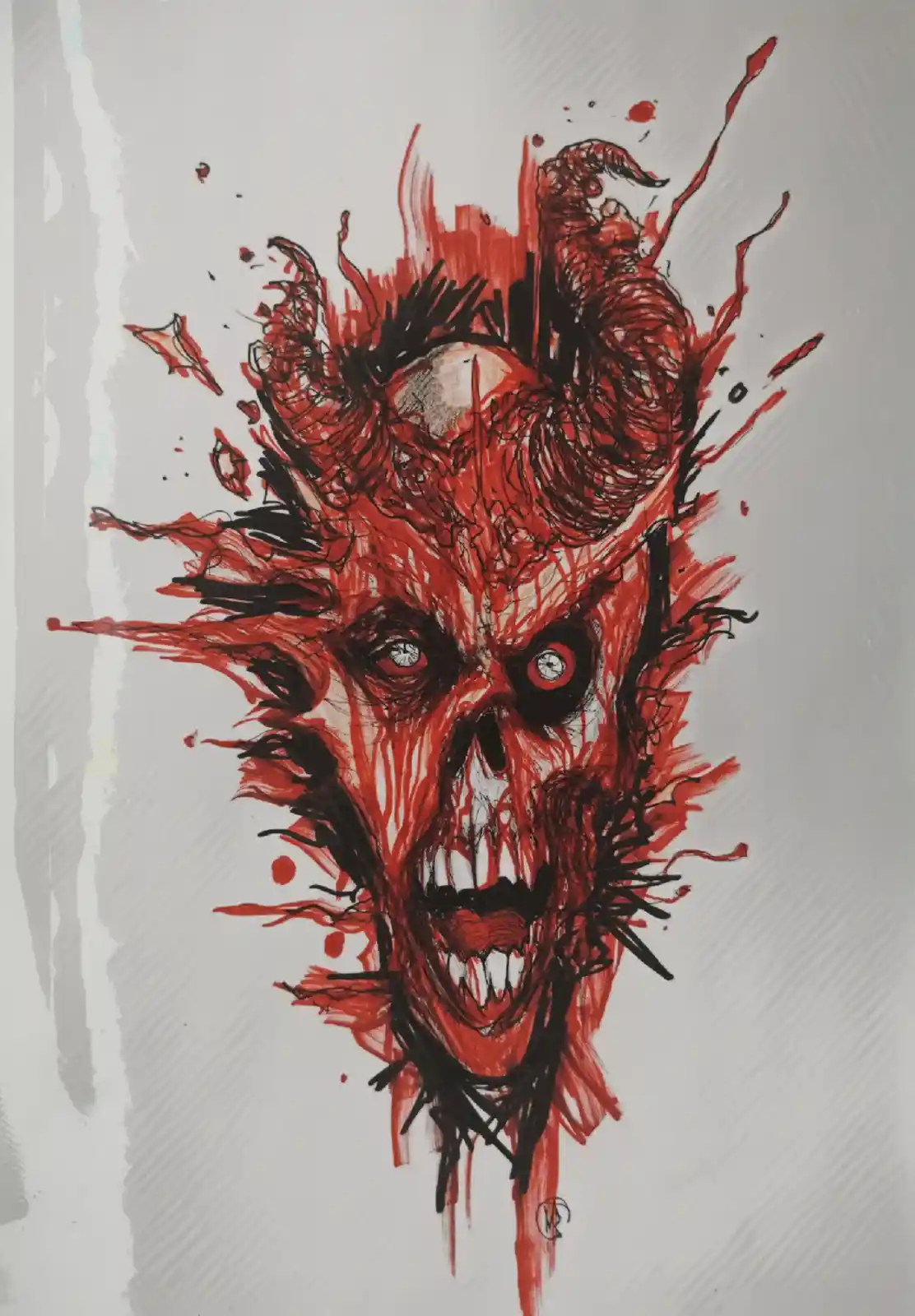A stylized, aggressive red and black illustration of a demonic skull with horns, glowing eyes, and an open mouth showing…