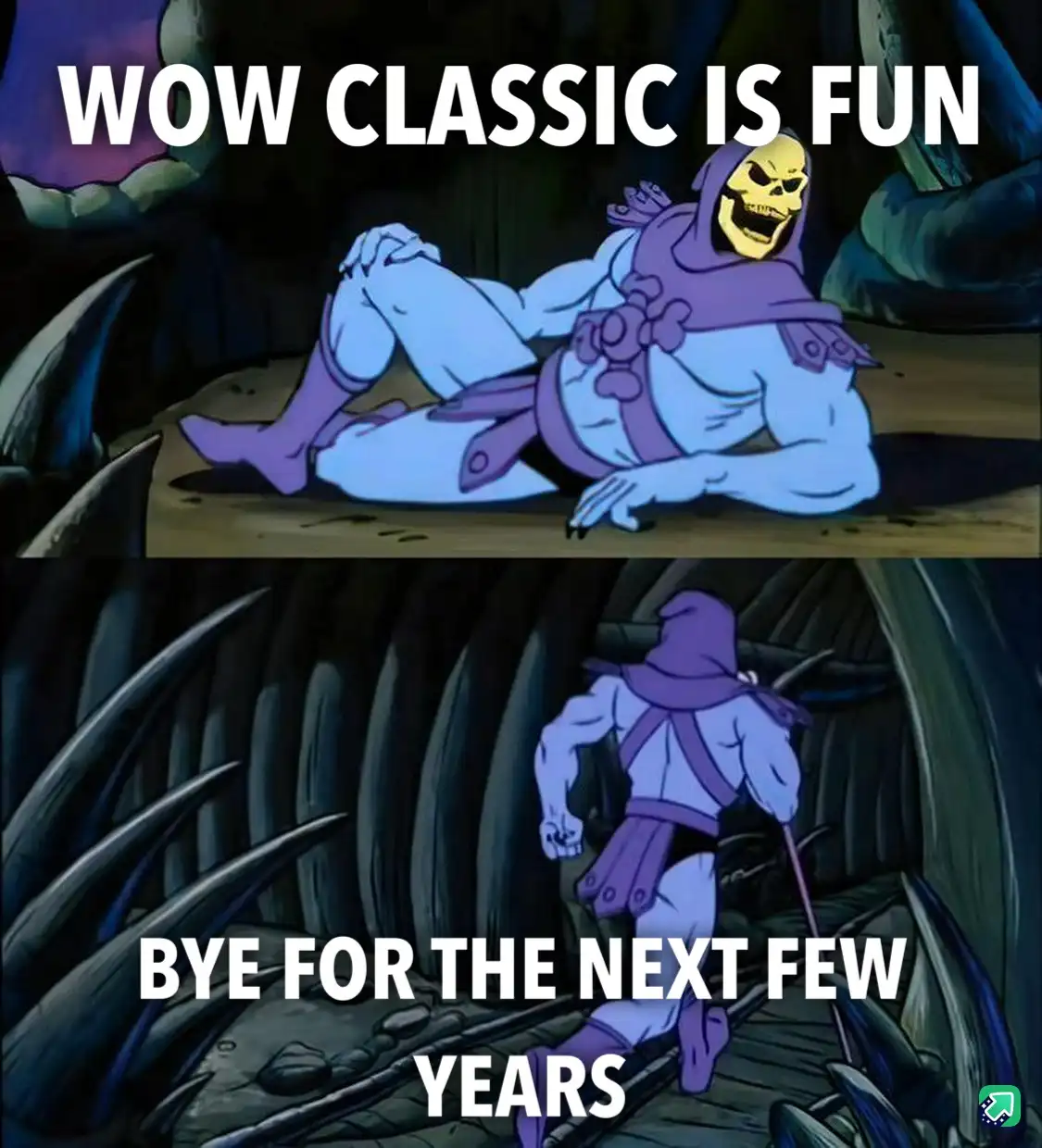 The meme features two panels of the animated character Skeletor from 'He-Man and the Masters of the Universe'. In the top…