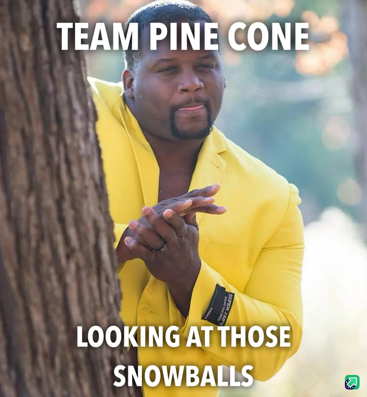 A man in a bright yellow blazer peeks from behind a tree trunk with a smug, confident expression, hands clasped together…