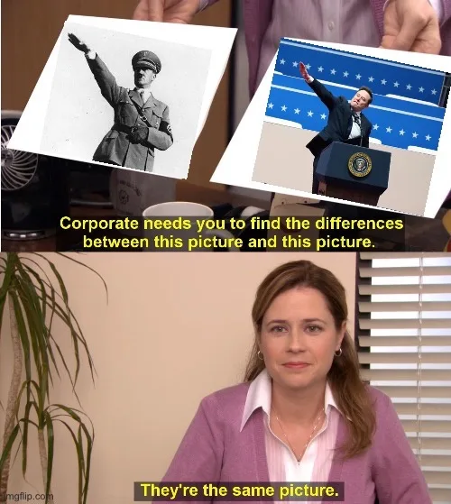 The image shows a woman in a purple cardigan looking at the camera with a deadpan expression. Above her, two photos are held…