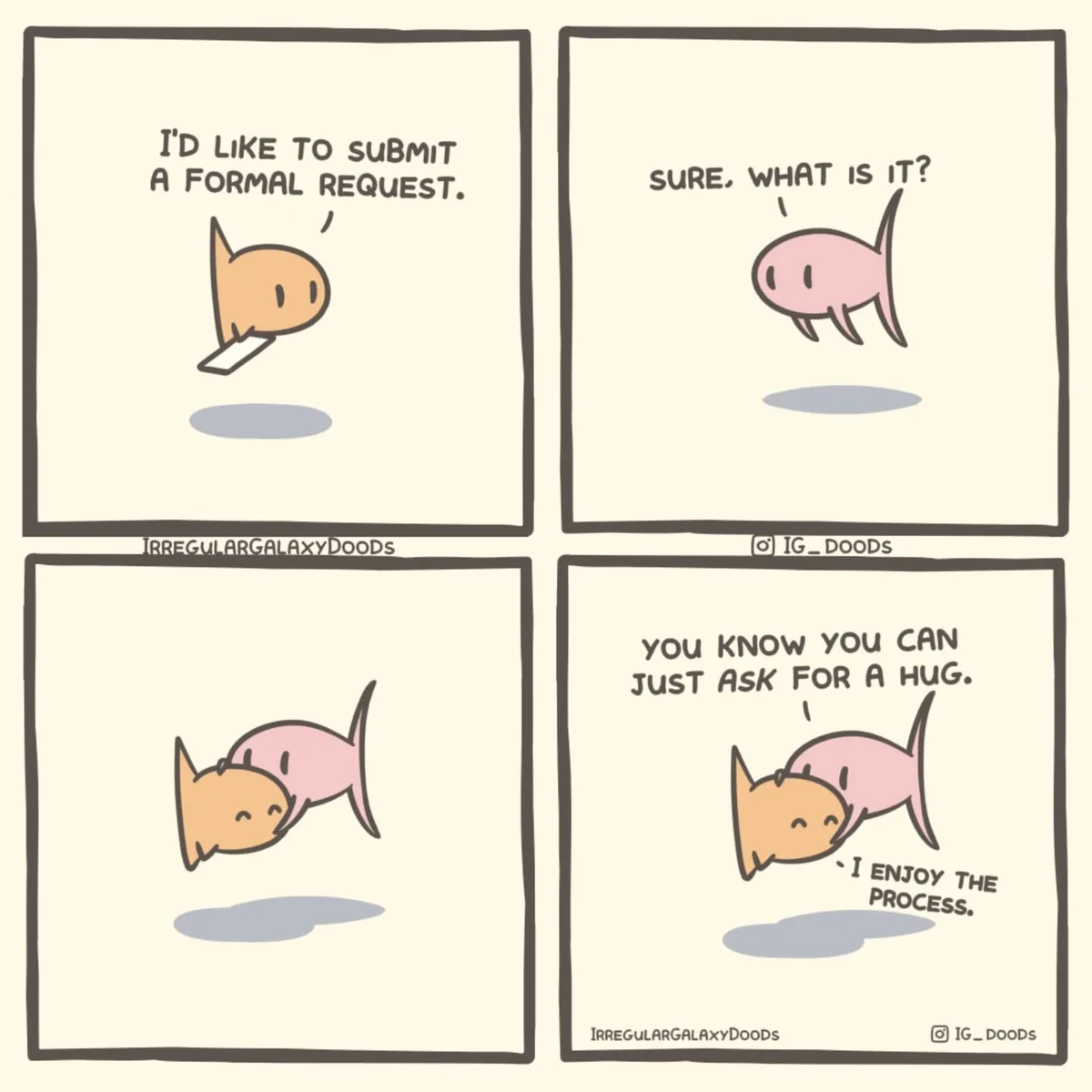 A four-panel comic strip featuring two cartoon fish. The first panel shows an orange fish holding a paper and saying 'I'D…