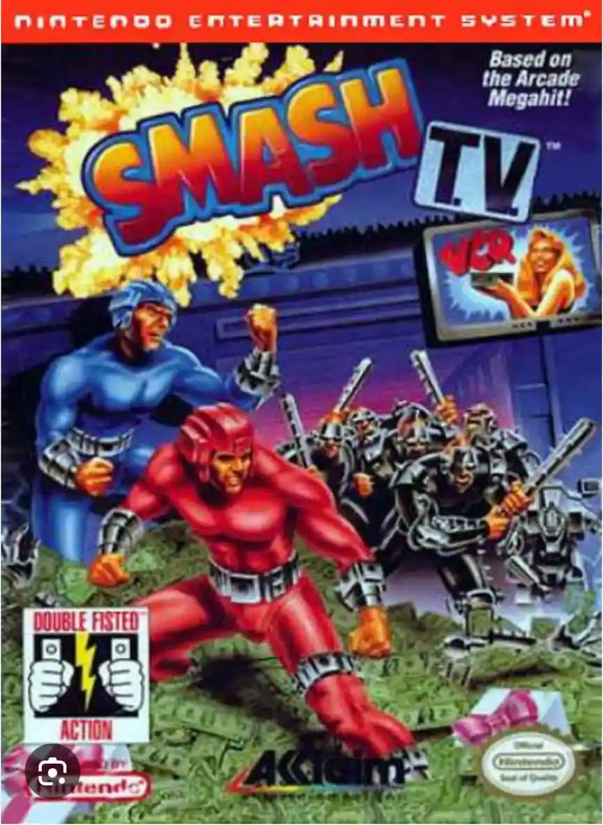 The image is a fictional Nintendo Entertainment System game cover for 'Smash TV,' featuring a red-suited protagonist in a…