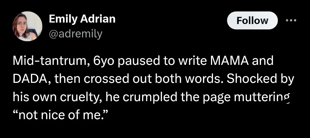 A screenshot of a tweet by Emily Adrian (@adremily) showing a black background with white text. The text describes a…