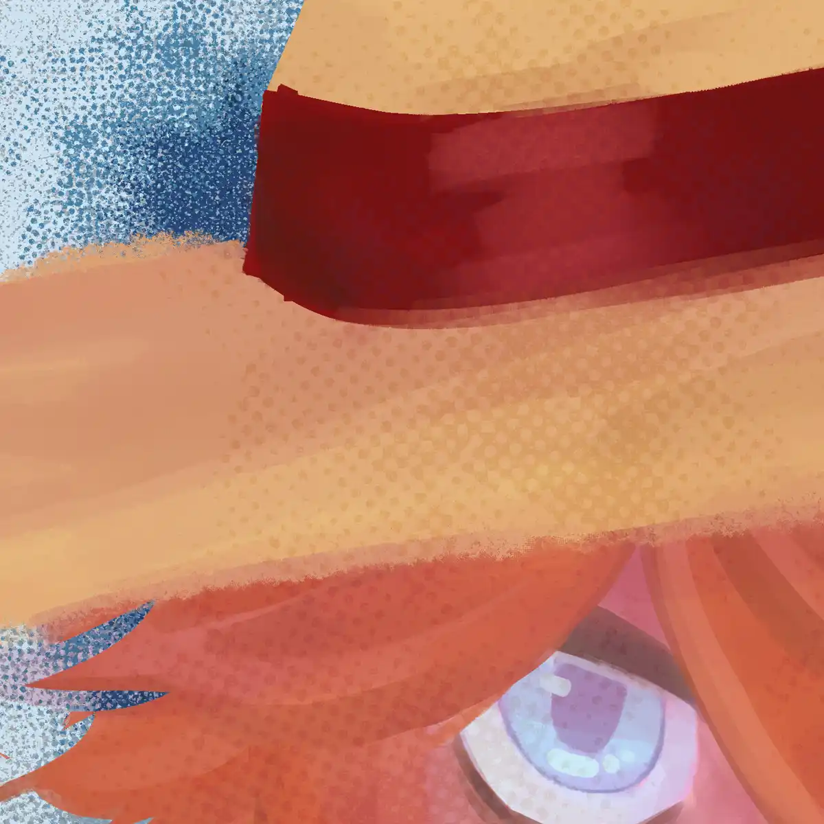 A close-up anime-style illustration shows a single eye with a tear forming, partially obscured by orange-red hair and a red…