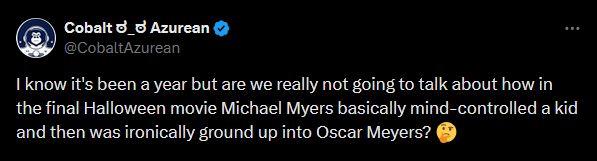 A screenshot of a tweet by user Cobalt Azurean, featuring a black background with white text. The tweet reads: 'I know it's…