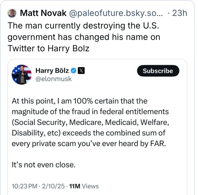 A screenshot of a Twitter post by Matt Novak, which reads 'The man currently destroying the U.S. government has changed his…