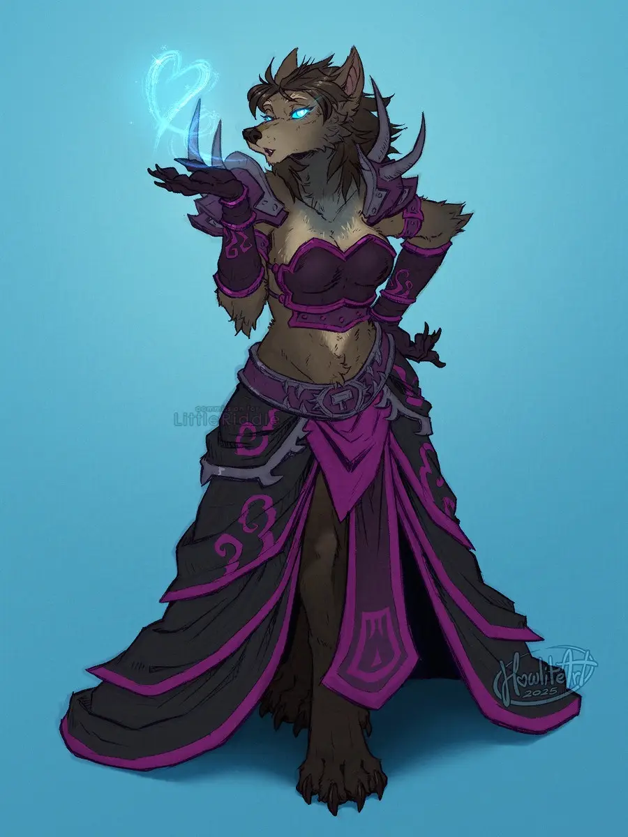 A stylized anthropomorphic wolf woman with brown fur, glowing blue eyes, and sharp claws, wearing ornate purple and black…
