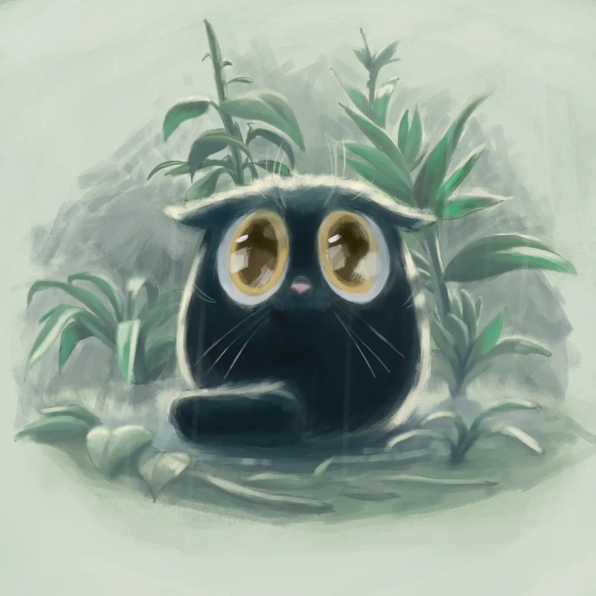 A cartoon illustration of a black cat with large, round, golden eyes and a small pink nose, peeking out from behind green…
