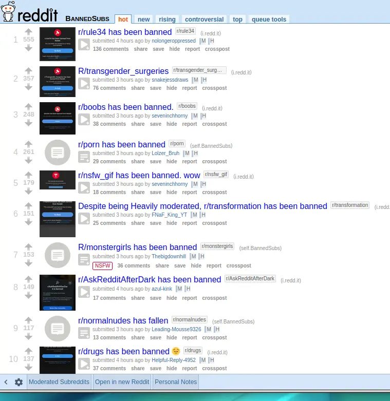 A screenshot of a Reddit page titled 'BANNED SUBS' showing a list of recently banned subreddits, including r/rule34…