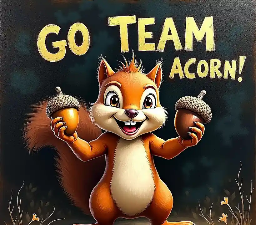 A cartoon squirrel with a wide, toothy grin holds one acorn in each paw, standing against a dark, blurry background with…